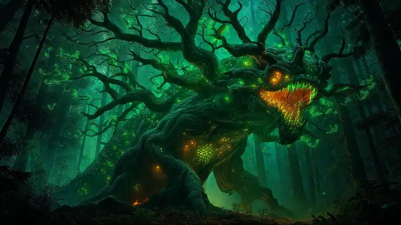 Criatura misteriosa en bosque con brillo bioluminescente