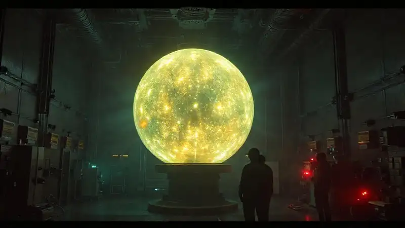 Esfera luminosa en sala industrial misteriosa