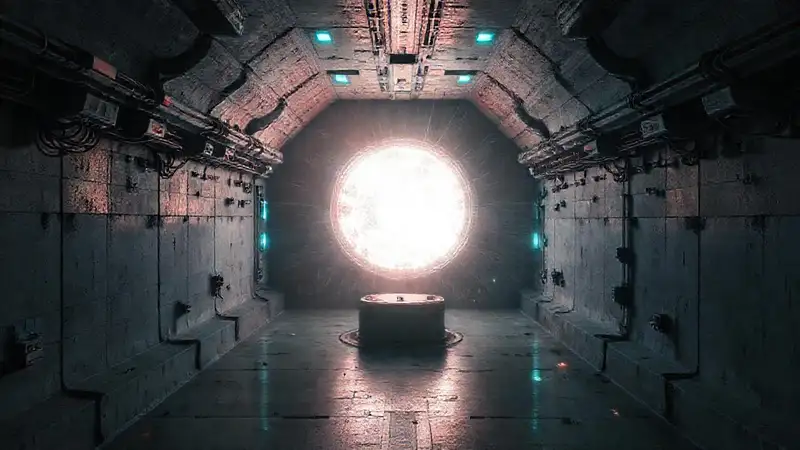 Laboratorio futurista con energía y distorsión