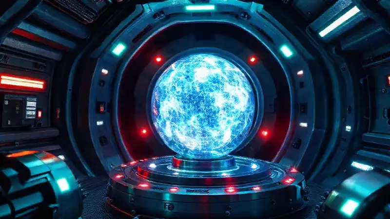 Esfera energética en contenedor futurista y vigilante