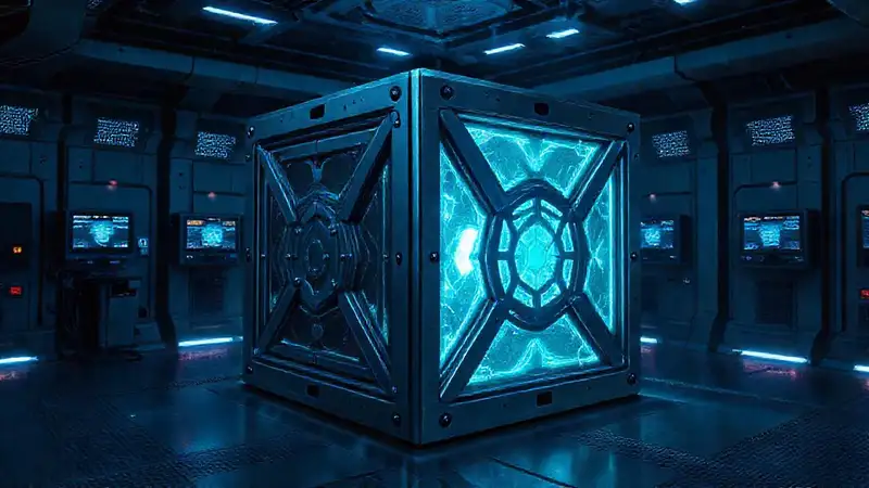Caja metálica con patrones en una sala futurista