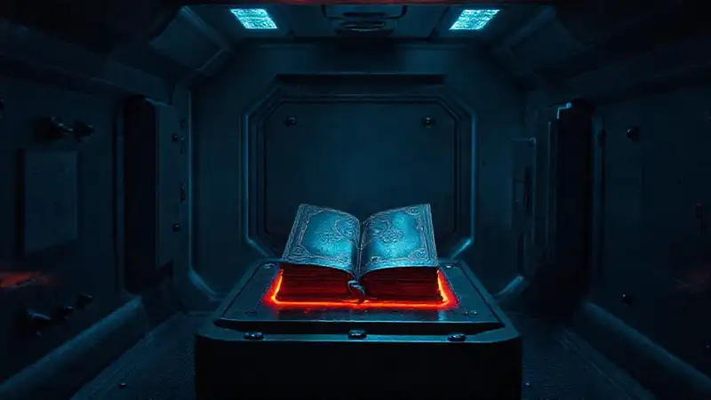 Cápsula segura con libro oscuro y símbolos