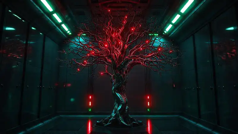 Árbol metálico futurista en una instalación segura