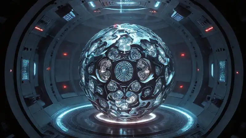 Esfera metálica fractal en cámara segura futurista