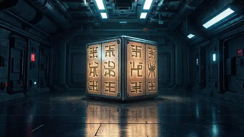 Cubo metálico misterioso con runas en contención
