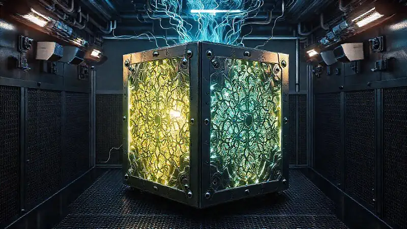 Cubo metálico con patrones y aura luminosa