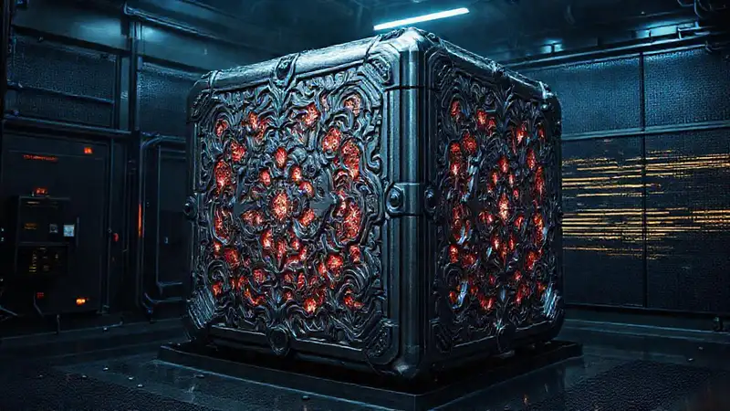 Cubo metálico con patrones, energía y seguridad