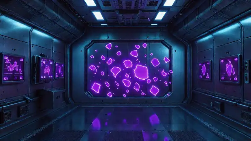 Cámara futurista con fragmentos y ambiente peligroso