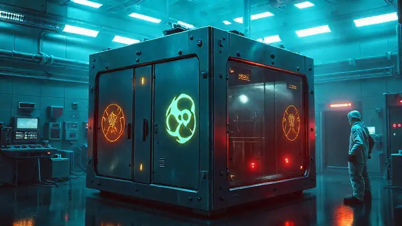 Laboratorio futurista con símbolo misterioso y seguridad