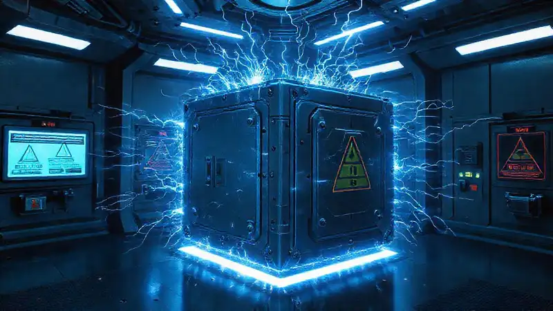 Cubo metálico misterioso en cámara futurista peligrosa