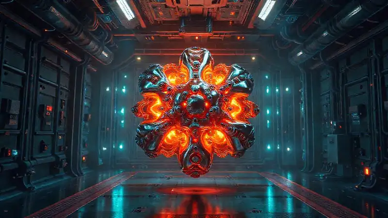 Objeto fractal metálico con energía en una cámara