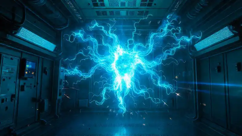 Entidad luminosa en entorno futurista y seguro
