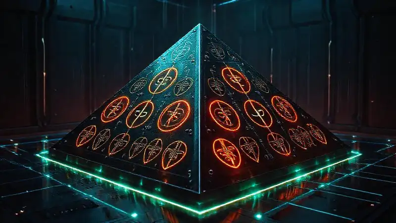 Pirámide metálica luminosa en cámara futurista