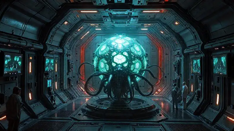 Cámaras futuristas con objeto misterioso y tentáculos