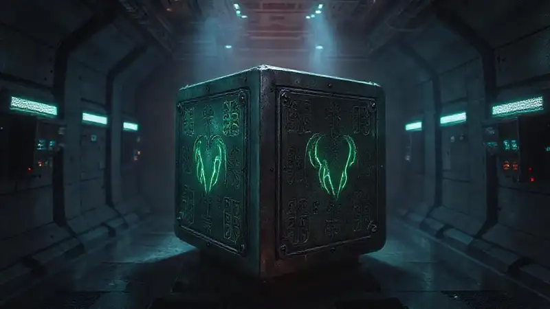 Cubo misterioso con símbolos alienígenas lumínicos