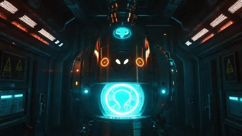 Máquina metálica alienígena en entorno futurista