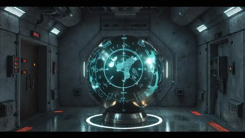 Esfera metálica brillante en entorno futurista y seguro