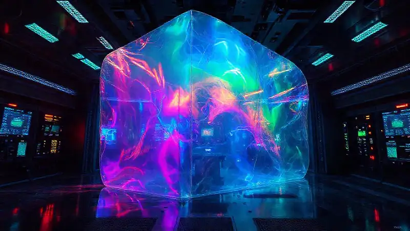 Estructura iridiscente y surrealista, ambiente inquietante