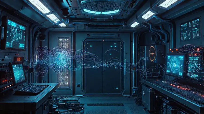 Cámara blindada con tecnología y símbolos abstractos