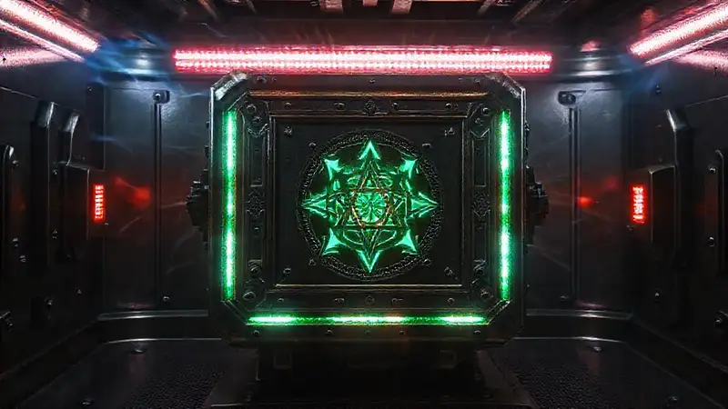 Dispositivo metálico misterioso con energía y simbolismo