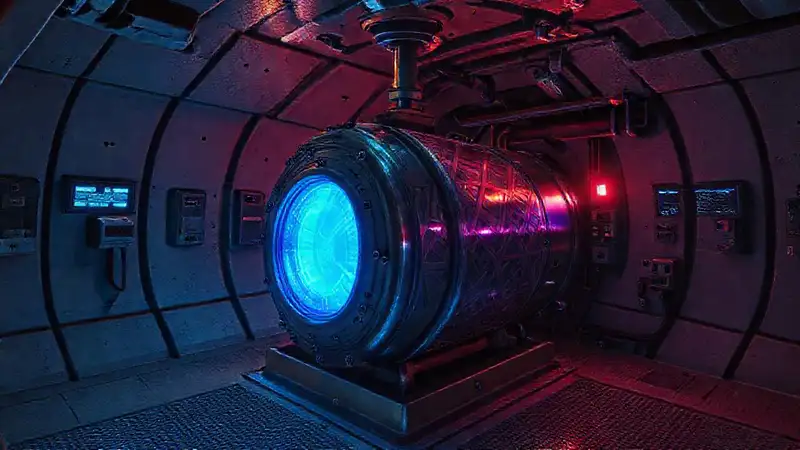 Cápsula de contención futurista con energía misteriosa