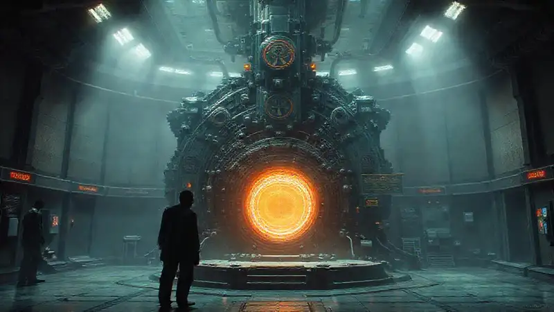 Estructura misteriosa con energía y símbolos en seguridad