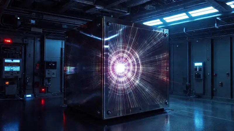 Cubo metálico brillante en entorno misterioso