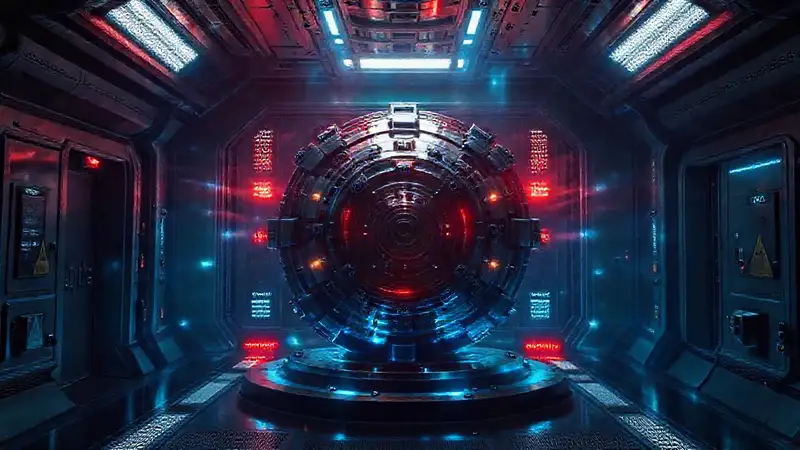 Centro metálico misterioso en sala futurista