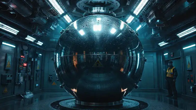 Esfera metálica en cámara de contención futurista
