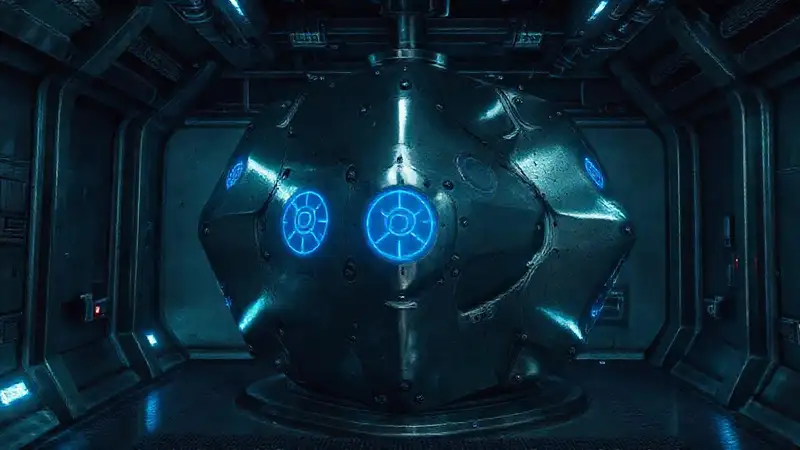Estructura metálica misteriosa en entorno futurista