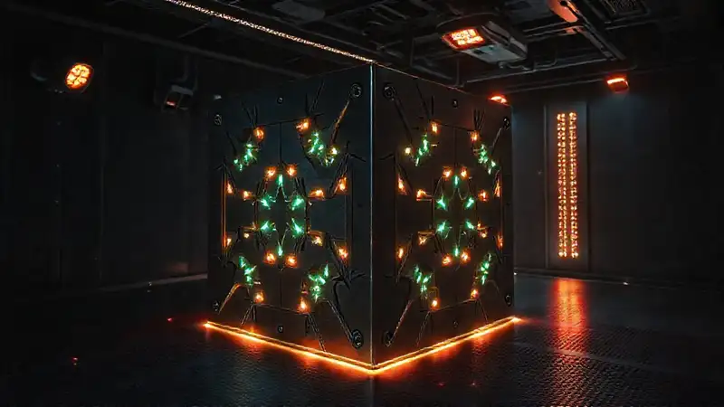 Cubo metálico misterioso en sala futurista segura