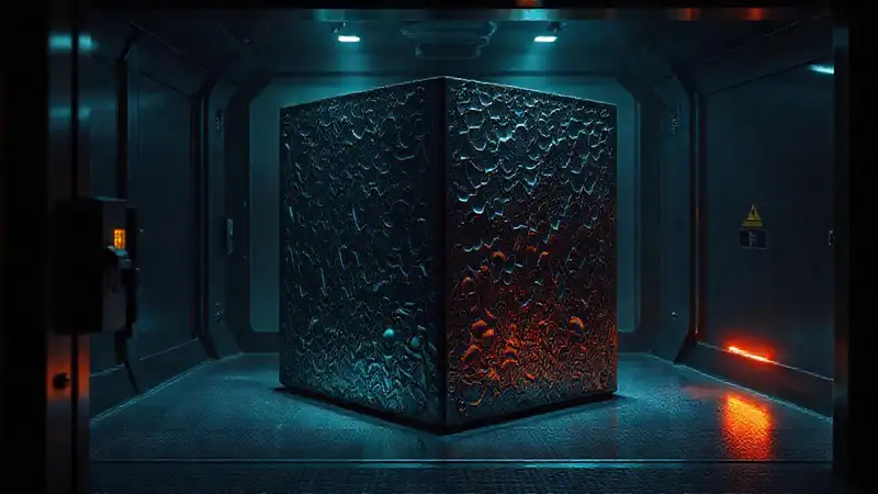 Cubo negro misterioso con sistemas de seguridad