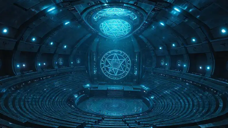 Anfiteatro metálico futurista con símbolos geométricos