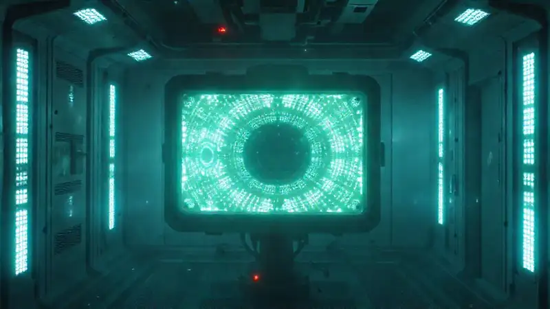Dispositivo futurista con efectos y atmósfera tensa