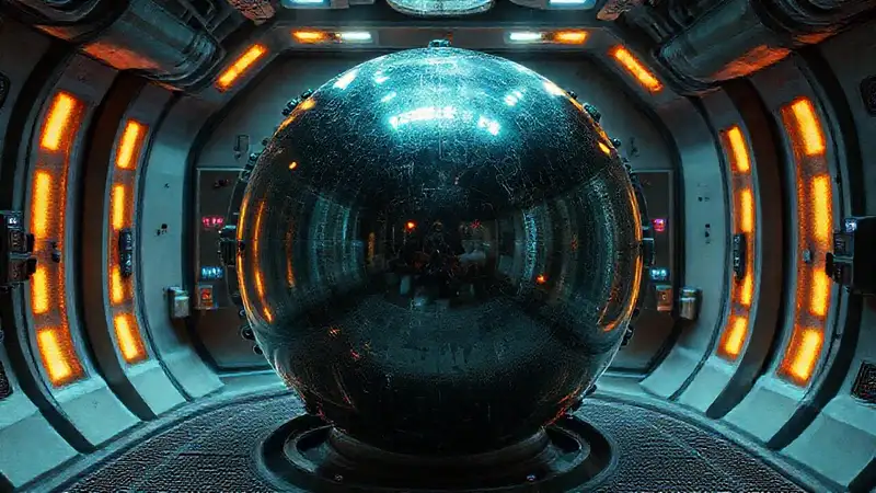 Esfera metálica con reflejos y patrones misteriosos