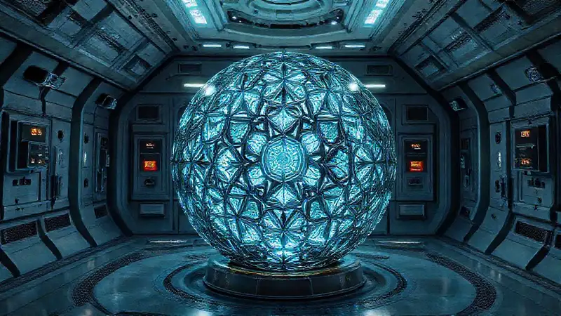 Esfera metálica con patrones y radiación electromagnética
