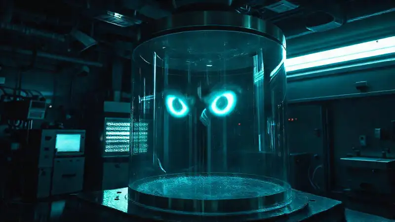 Contenedor grande en laboratorio con ojos inquietantes