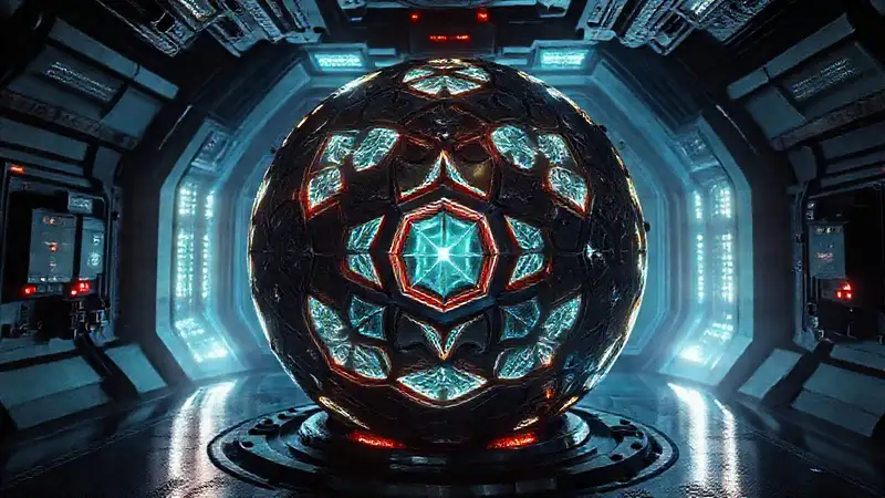 Esfera metálica luminosa en cámara futurista