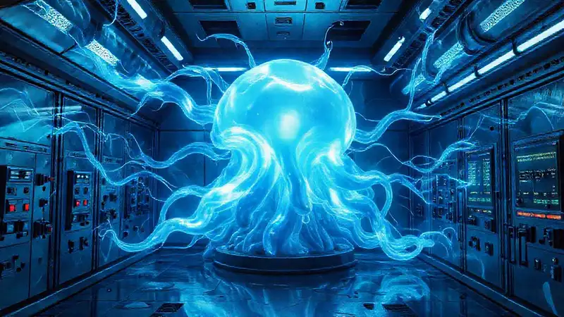 Entidad luminosa y consciente en contención futurista