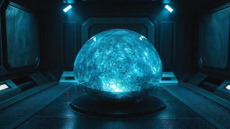 Objeto brillante y futurista en recámara segura