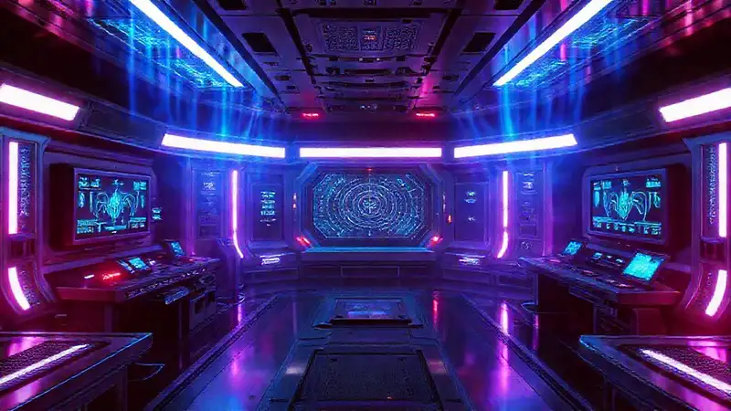 Sala futurista con hologramas y signos de anomalía