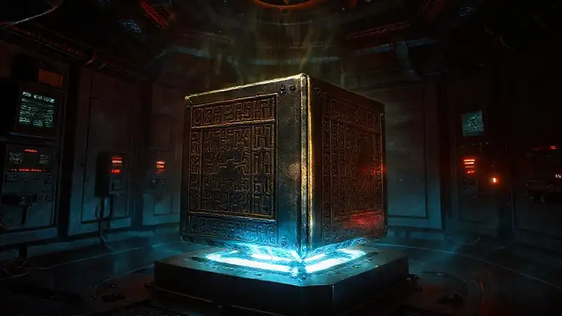 Cubo metálico con runas y aura misteriosa