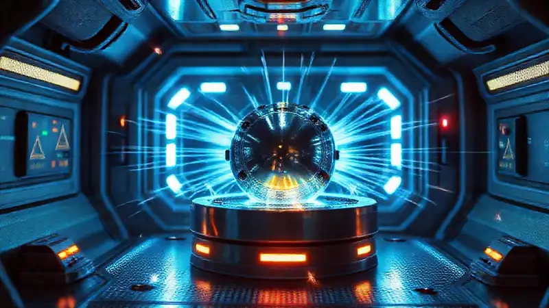 Objeto metálico, energía pulsante en laboratorio futurista