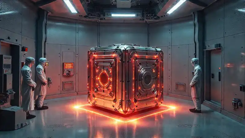 Cubículo metálico misterioso con energía y vigilancia