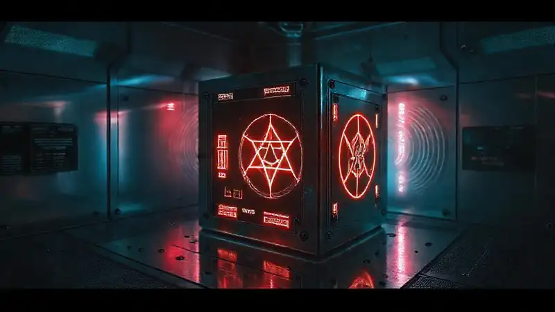 Cubo misterioso con símbolos y protección tecnológica