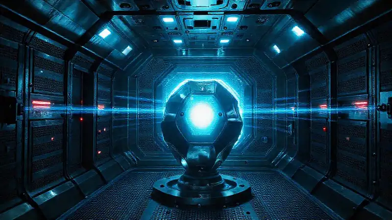 Cámara futurista con objeto misterioso y seguridad