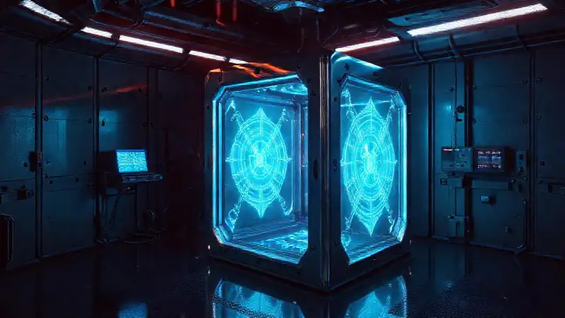 Cubo metálico brillante con patrones electromagnéticos