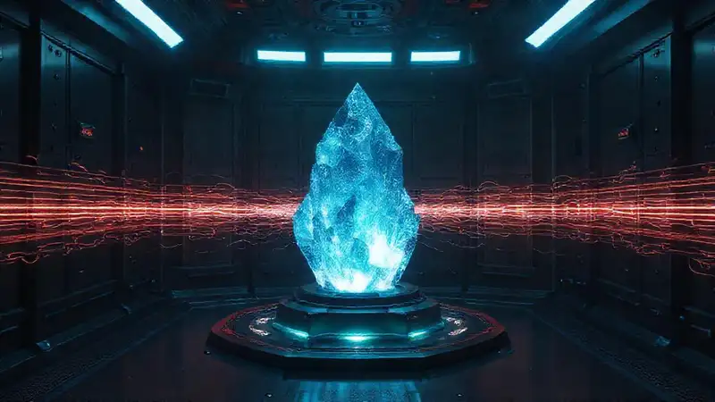 Estructura cristalina misteriosa en entorno futurista