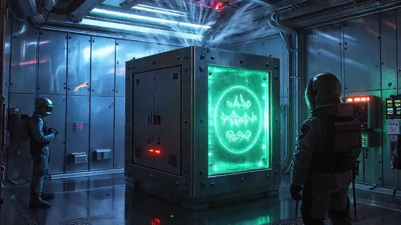 Cubo metálico con símbolos y energía misteriosa