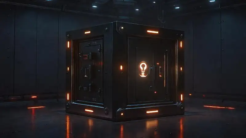 Cubo metálico brillante en cámara futurista segura